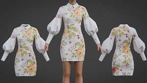 Pretty Floral Mini Dress - Puff Sleeve Collar Neck Bodycon Fitted Outfit