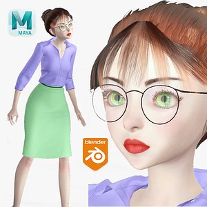 Cartoon Rigged Professional Office Girl-Maniya Character 3D Model