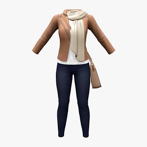 3D Brown Leather Jacket White Top Navy Denims Handbag Outfit model