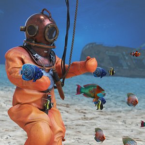 3D Antique Copper Diving and Fish model