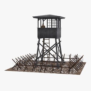 Observation Tower with Helmeted Soldier WWII 3D
