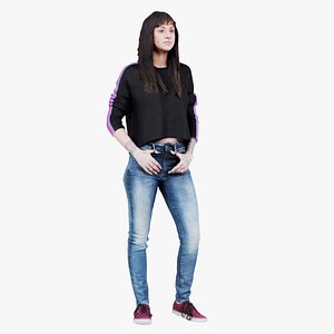 3D Woman in Sneakers Jeans and Long Brown Hair Remastered model