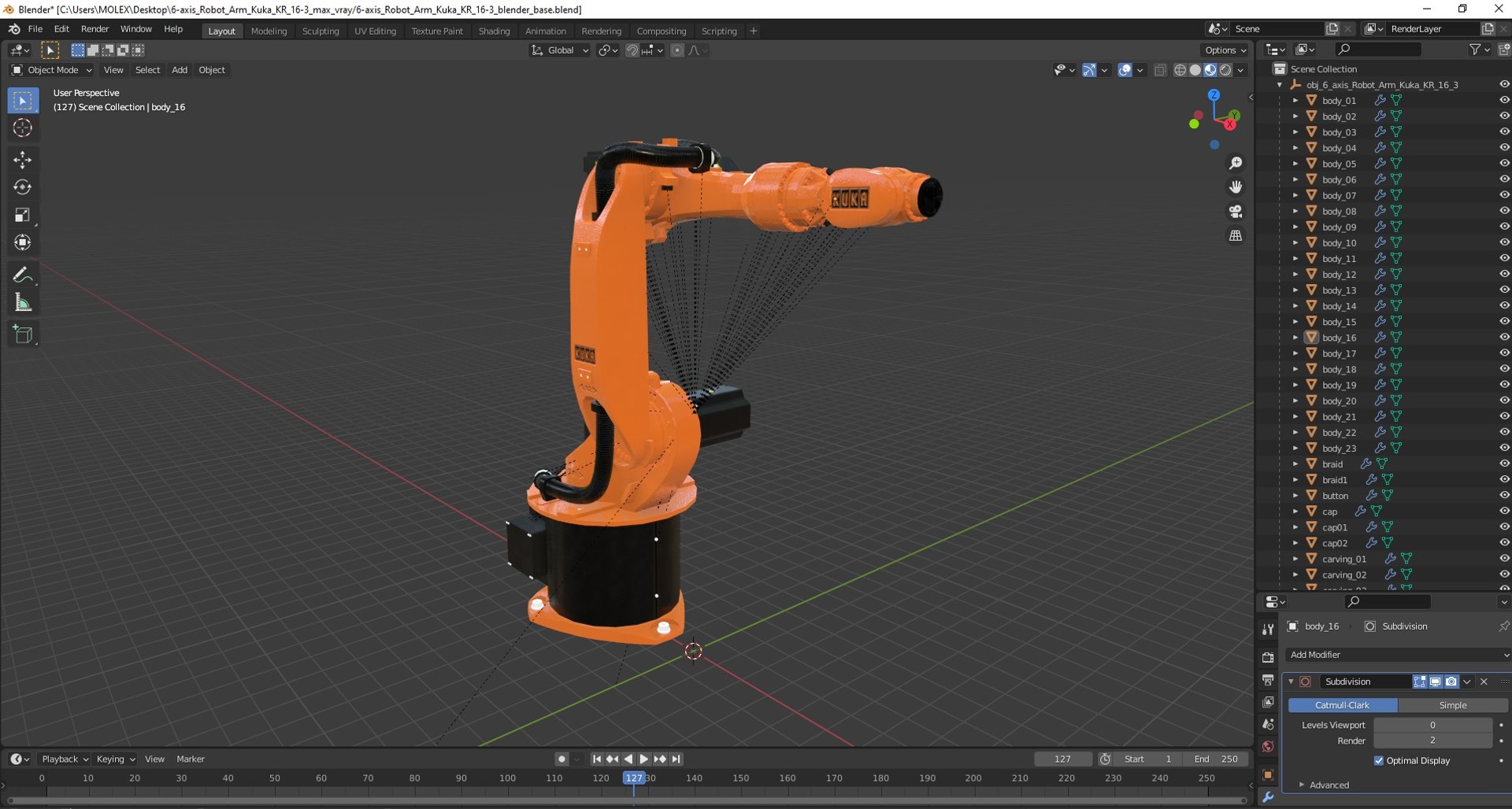 6-axis Robot Arm Kuka KR 16-3 model https://p.turbosquid.com/ts-thumb/pH/J8XDLU/4M/6axisrobotarmkukakr163mb3dmodel037/jpg/1707564972/1920x1080/fit_q87/0cb2f01471c3045cb23ff8c58c404a232612959c/6axisrobotarmkukakr163mb3dmodel037.jpg