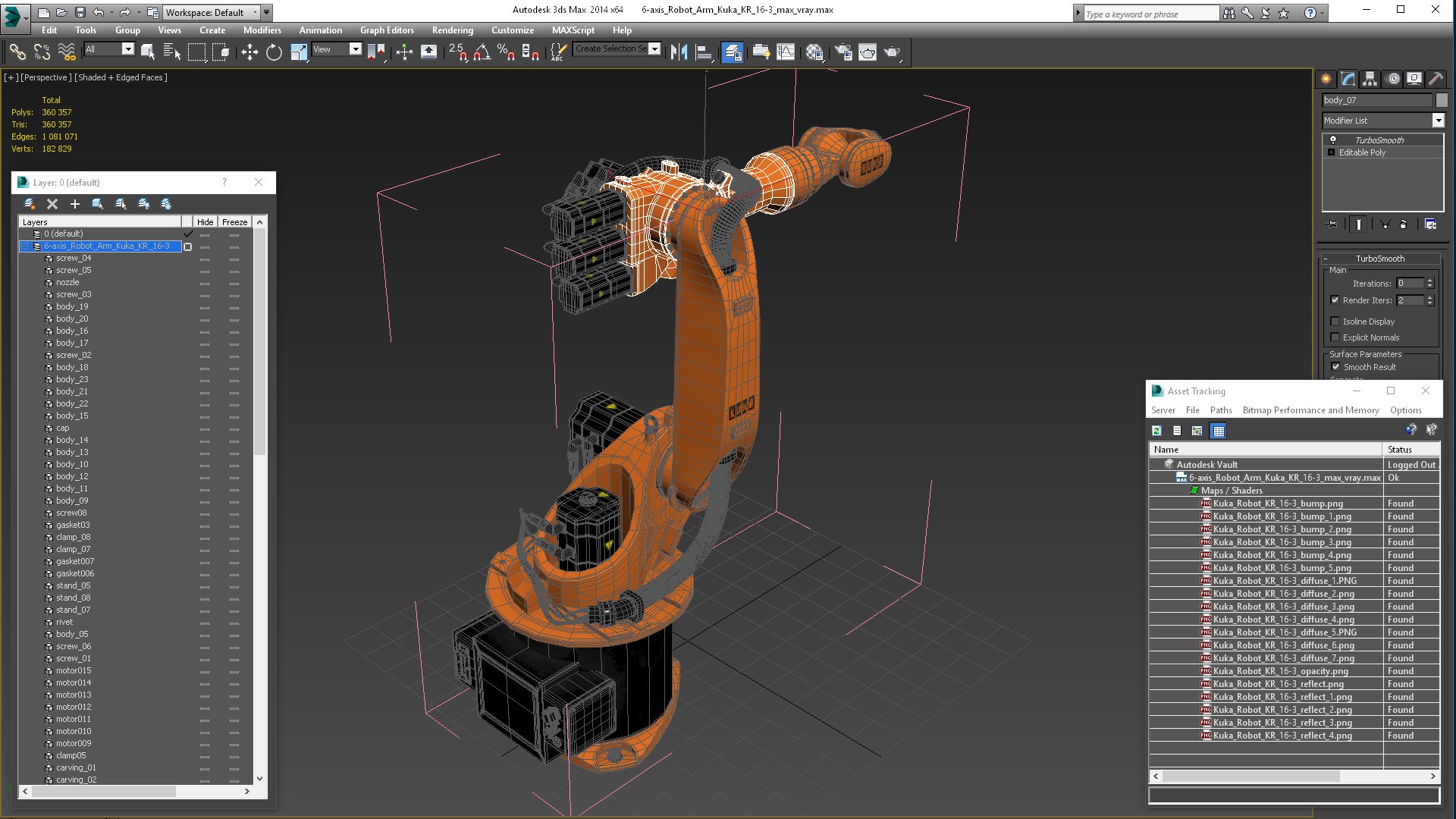 6-axis Robot Arm Kuka KR 16-3 model https://p.turbosquid.com/ts-thumb/pH/J8XDLU/oH/6axisrobotarmkukakr163mb3dmodel022/jpg/1707564941/1920x1080/fit_q87/494db7f948b1850a307f3a4568d1fd0fc81d2442/6axisrobotarmkukakr163mb3dmodel022.jpg
