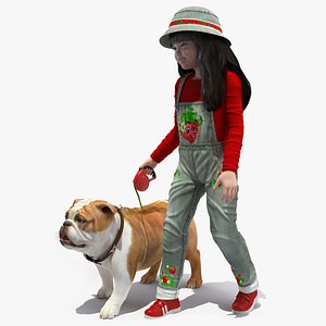 3D Girl Walks with a Bulldog