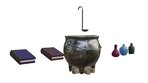 Witch accessories  Cauldron bottles and books 3D model
