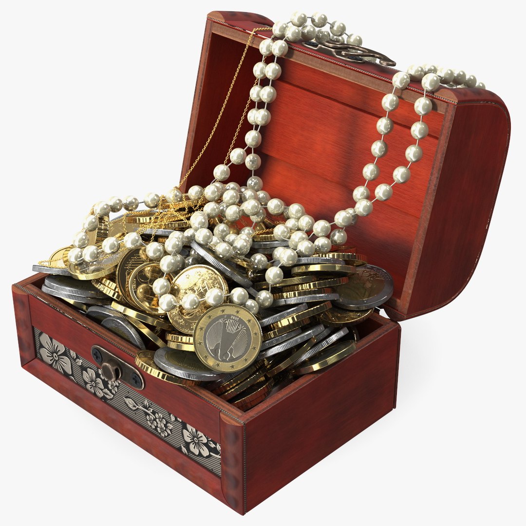 Treasure Box Full of Euro Coins and Jewelry 3D model preview