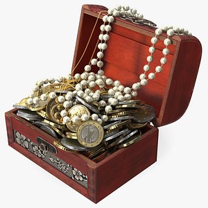 Treasure Box Full of Euro Coins and Jewelry