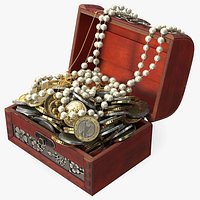 Treasure Box Full of Euro Coins and Jewelry