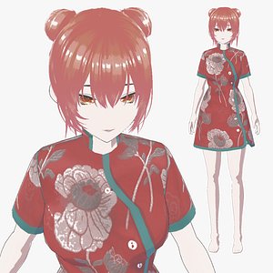 Chinese Anime Girl in Red Dress