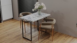 Dining Table 3D Model with 2 Chairs Flower Vase Wooden 4K PBR Textures FBX OBJ 3ds Max