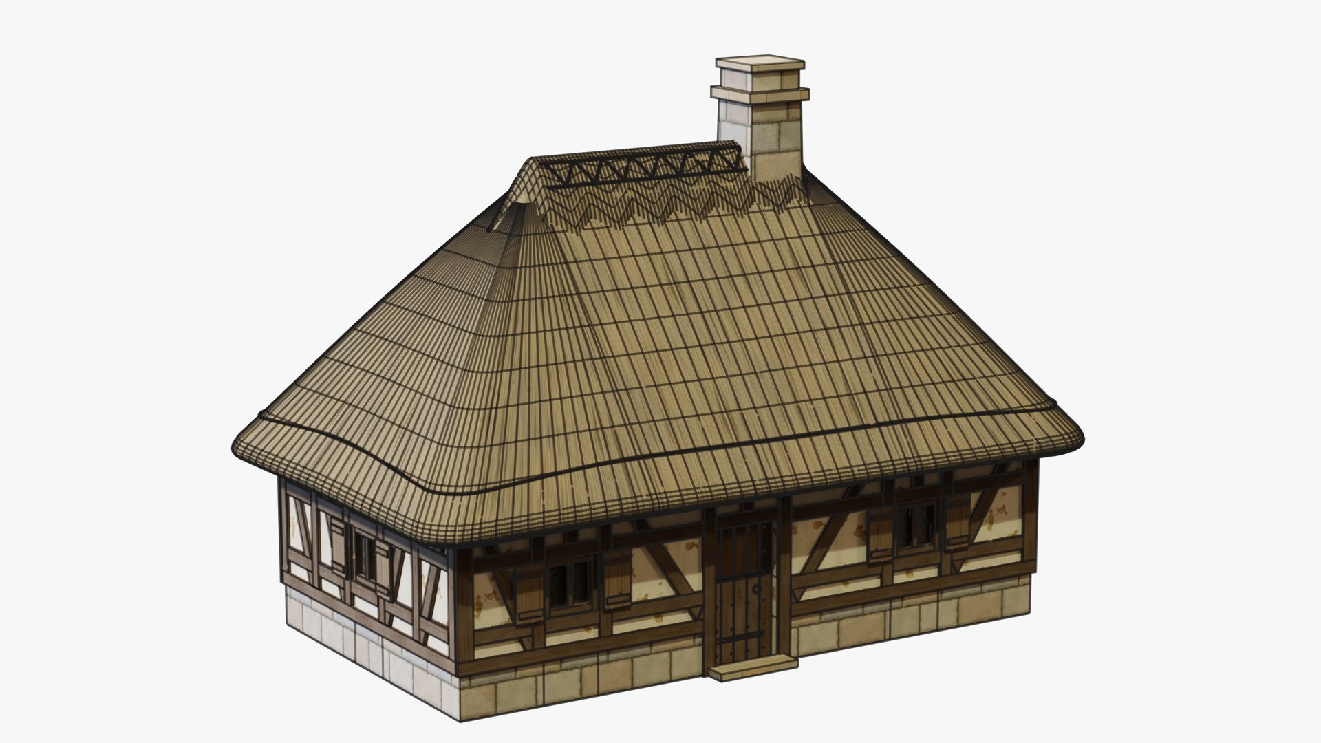 Medieval Thatched Cottage - Game Ready PBR model https://p.turbosquid.com/ts-thumb/pO/nqevEP/Y5/07_thatchedcottage_07_wire/jpg/1791625615/1920x1080/fit_q87/6a4af91235743331eb061f3a73b08ac72af69ea6/07_thatchedcottage_07_wire.jpg