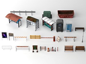 3D model Urban Infrastructure Bus Stop Barrier And Street Prop Set