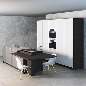 Open modern kitchen with island and dining table