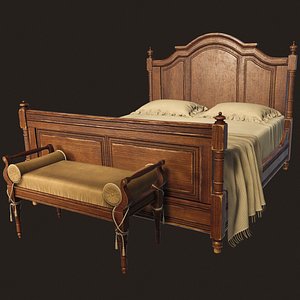 Vintage Bed with Pouf - PBR Game Ready