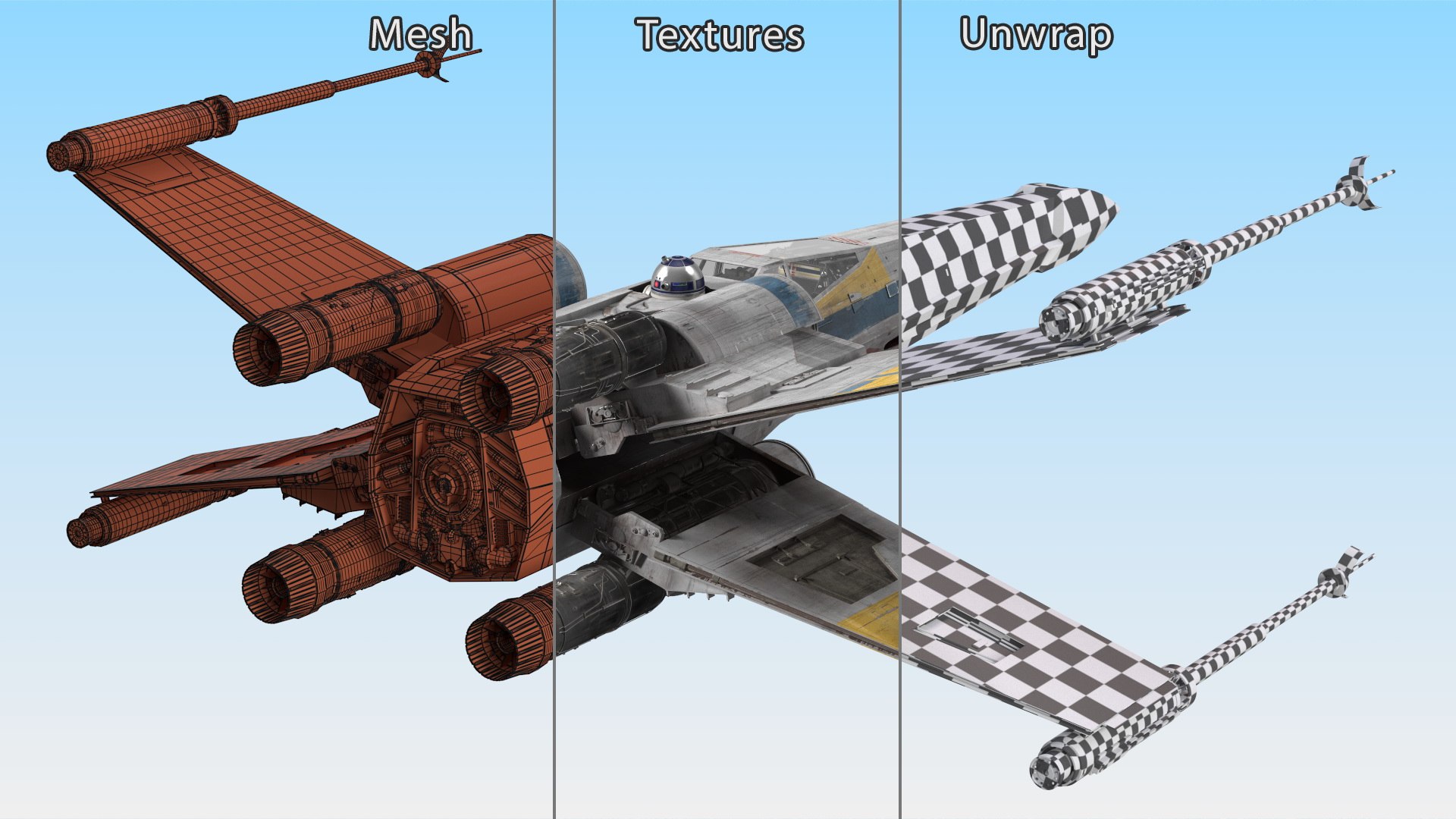 3D model Space Fighter X-Wing Starship with R2-D2 Rigged for Maya https://p.turbosquid.com/ts-thumb/pU/RWTZ84/1d/spacefighterxwingstarshipwithr2d2riggedformayavray3dmodel027/jpg/1729029301/1920x1080/fit_q87/1867a28e1e2a47b6614162c54d6c677dfb584a83/spacefighterxwingstarshipwithr2d2riggedformayavray3dmodel027.jpg