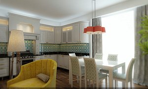 3D loft living room interior kitchen