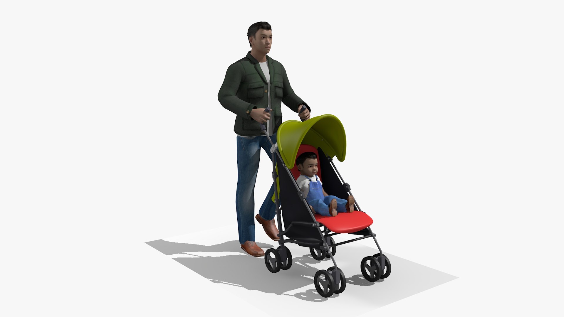 3D Model Animated Casual Walking Man Pushing A Stroller Pram And Baby ...