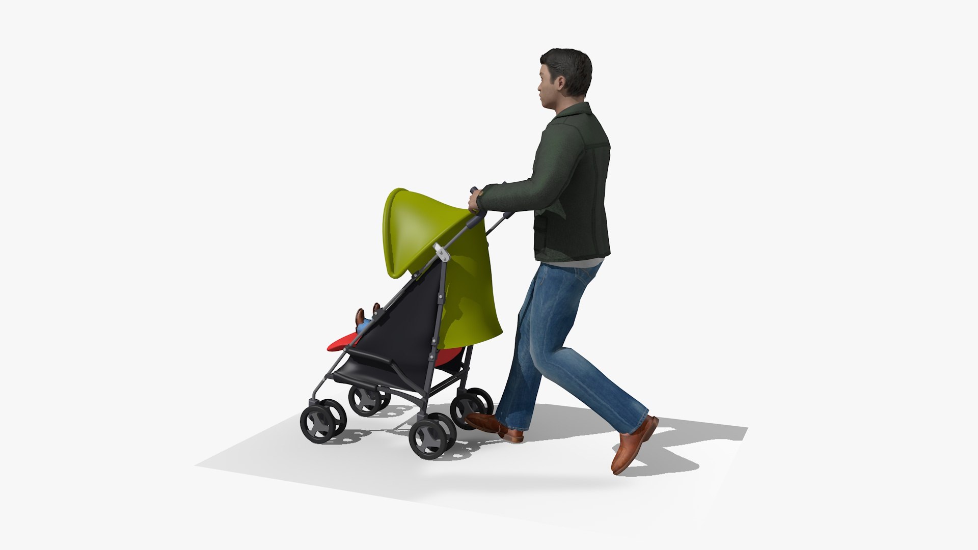 3D Model Animated Casual Walking Man Pushing A Stroller Pram And Baby ...