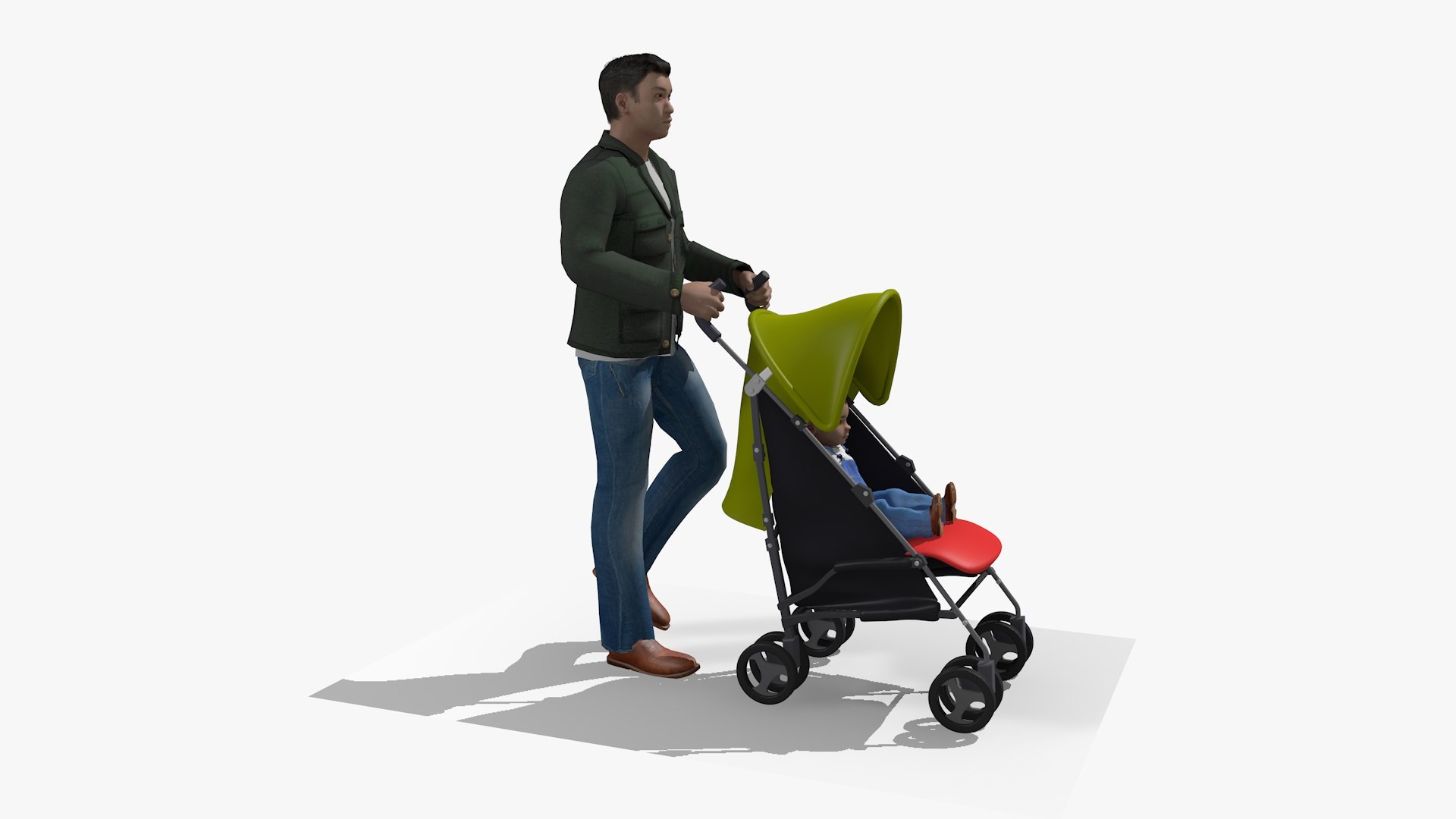 3D Model Animated Casual Walking Man Pushing A Stroller Pram And Baby ...
