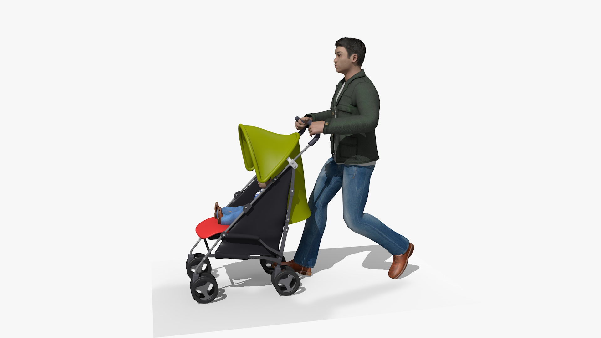 3D Model Animated Casual Walking Man Pushing A Stroller Pram And Baby ...