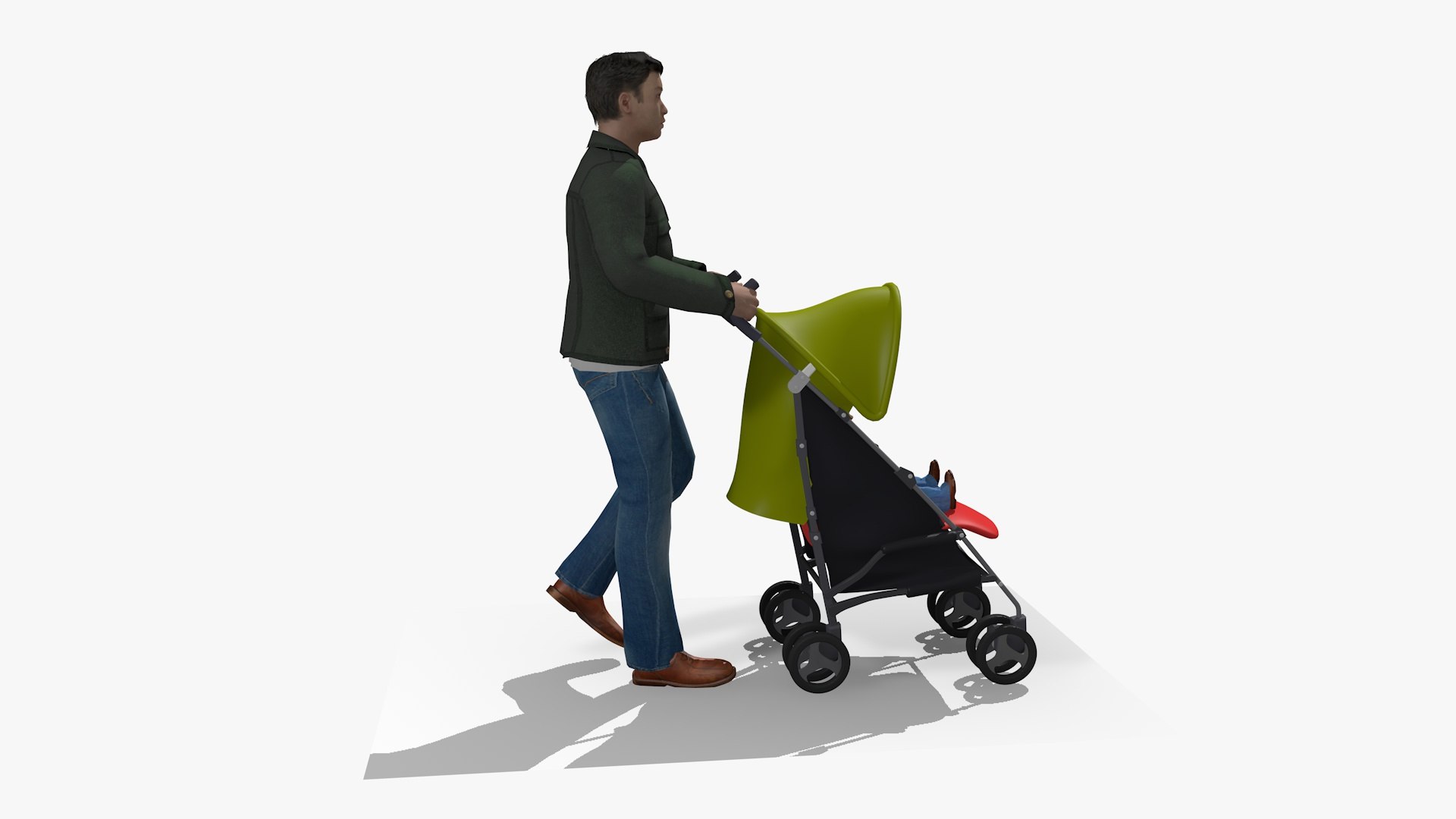 3D Model Animated Casual Walking Man Pushing A Stroller Pram And Baby ...