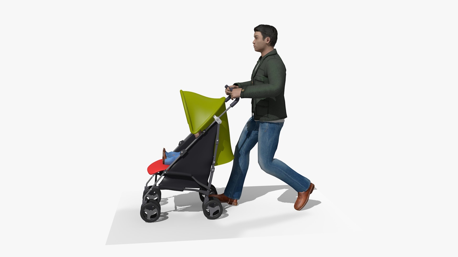 3D Model Animated Casual Walking Man Pushing A Stroller Pram And Baby ...
