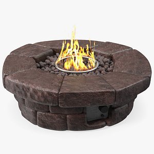 Round Stone Gas Fire Pit Table with Flame 3D model