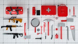 3D survival kit tools weapons model