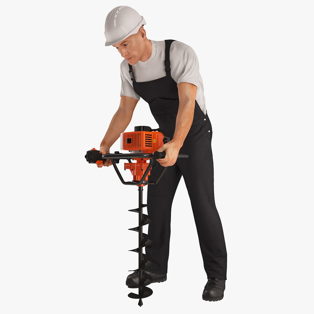 Construction Worker with Earth Auger Drill 3D Model 3D model preview