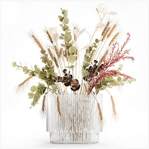 Bouquet dried flower branches wheat eucalyptus glass vase 3D