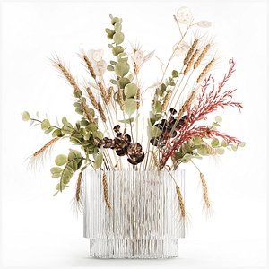 Bouquet dried flower branches wheat eucalyptus glass vase