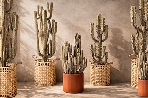 3D Desert plants basket Cereus cactus euphorbia cacti set decor pot model