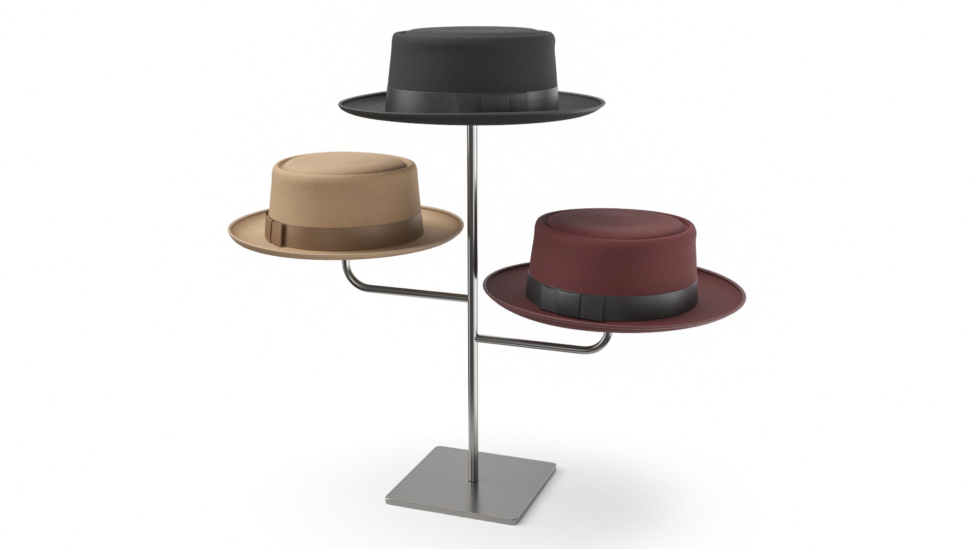 Triple Hat Display Stand 3D model https://p.turbosquid.com/ts-thumb/pa/oznxPs/2e/hatsdisplay2/jpg/1747134379/1920x1080/fit_q87/139f6915cb99141d144376d98d654a21634d2a85/hatsdisplay2.jpg