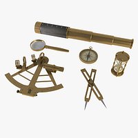 Navigation Set, sextant, spyglasses magnifying, hourglass and compass