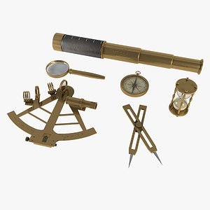 Navigation Set, sextant, spyglasses magnifying, hourglass and compass