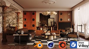 3D model Retro Luxury Living Space with Leather Sofa 747