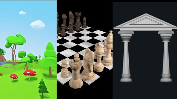 Best Value Collection Chess Set and Low Poly Trees and Various Columns 3D