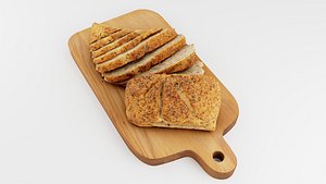 Slices of cut bread with seeds on wooden chopping board model