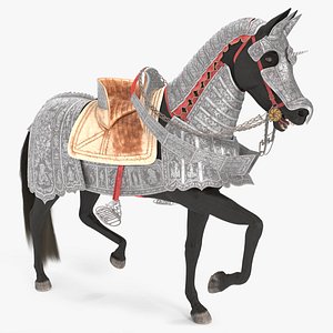 3D Black Horse in Used Medieval Armor Fur Rigged
