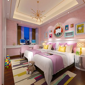 3D Girls bedroom with two beds in pink color model