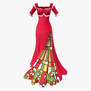 3D Queen Anne Neck Elbow Sleeves Long Red Ruffled Trims Long Gown