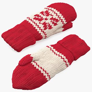 knitted red wool mittens 3D model