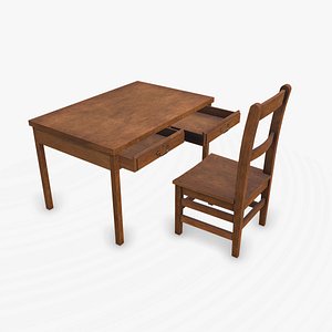Old Wooden Table and Chair 02 Low-poly PBR 3D model