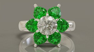 Heart and round shape diamond flower ring 3D model