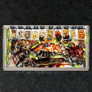 Showcase with seafood