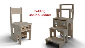 2 in 1Wooden Folding Chair and Step Ladder 3D Model