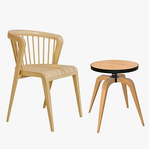3D Wooden Dining Chair With Stool