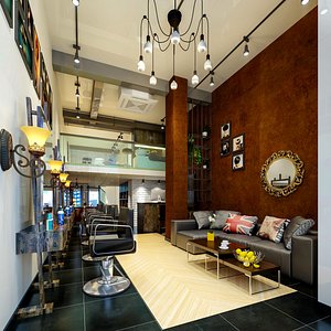 Industrial LOFT barber shop -  hair salon - reception area cashier chandelier