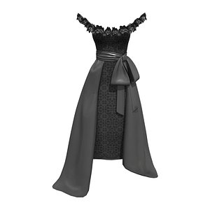 3D Ruffled Off Shoulder Long Black Gown